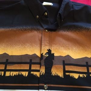 Express Rider Cowboy Horses Ranch Rodeo Button Shirt Bar Dance Sunset large Mens